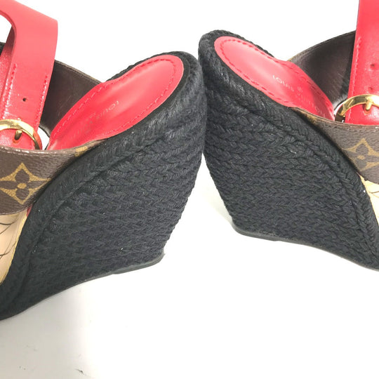 LOUIS VUITTON Sandals leather Red Tribal mask collection Wedge sole monogram Women 35 Used Authentic