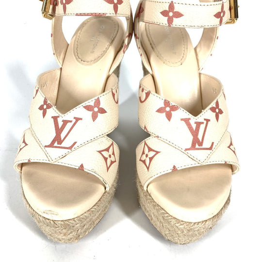 LOUIS VUITTON Sandals leather Beige type Monogram Wedge sole 34 1/2