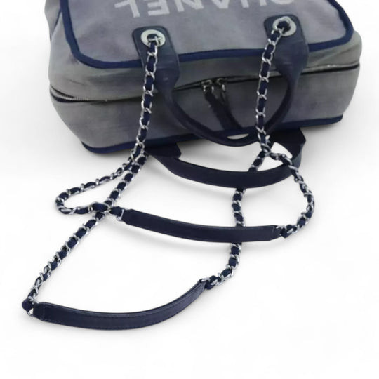 Chanel Deauville Shoulder Bag Canvas Navy Blue Women Handbag Chain Strap
