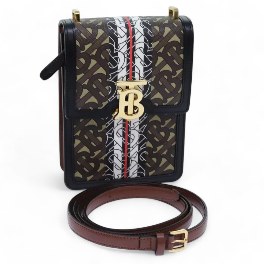 Burberry Shoulder Bag PVC Leather Brown Monogram Stripe Women Crossbody Handbag with Strap