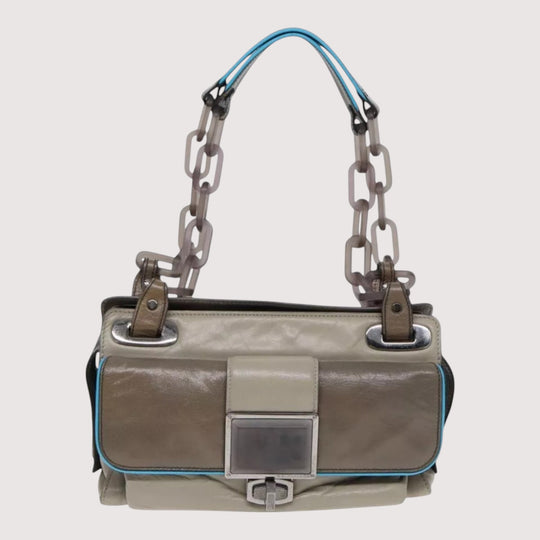 Balenciaga Turn Lock Chain Shoulder Bag Leather Beige Gray Silver