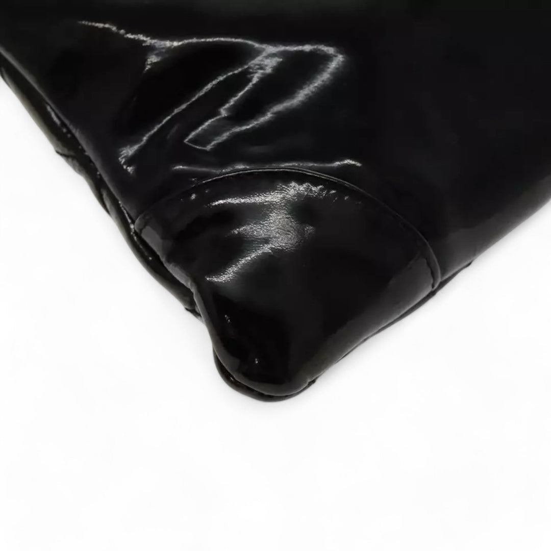CHANEL Matelasse Chain Shoulder Bag Patent Leather Black Silver CC
