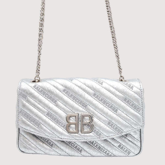 BALENCIAGA BB Logo Leather Silver Chain Shoulder Bag Preloved