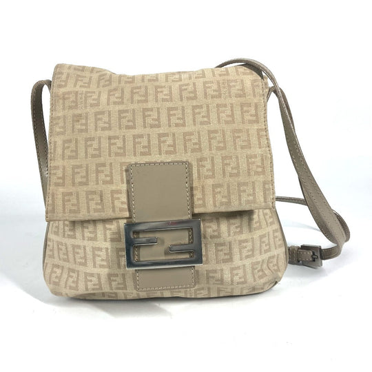 FENDI Shoulder Bag 8BT075 Leather / canvas beige flap logo Zucchino Women Used Authentic