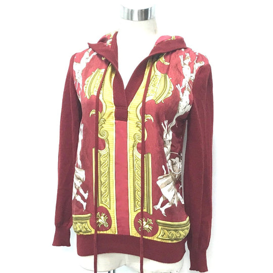 HERMES knit cashmere Red x yellow Tops shirt All-over print with hood Women 36 Used Authentic