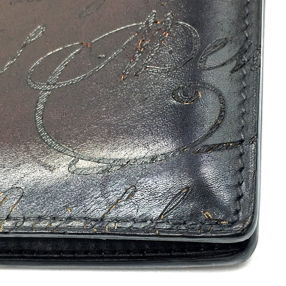 Berluti Folded wallet leather Dark purple typex black calligraphy Ebene mens Used Authentic