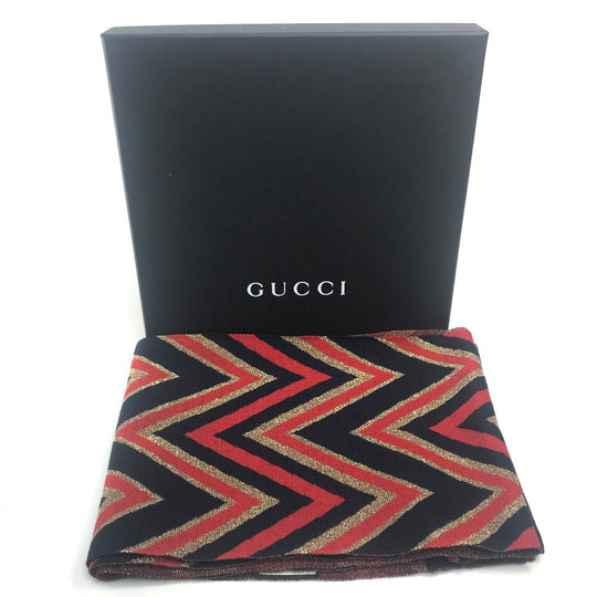 GUCCI Scarf wool Navy x Gold x Red V line mens Used Authentic