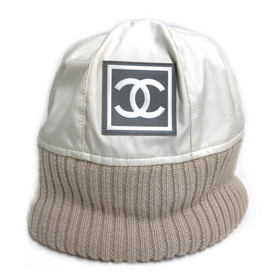 CHANEL Knit hat polyester Ivory / beige CC COCO Mark Sports line logo Women S Used Authentic