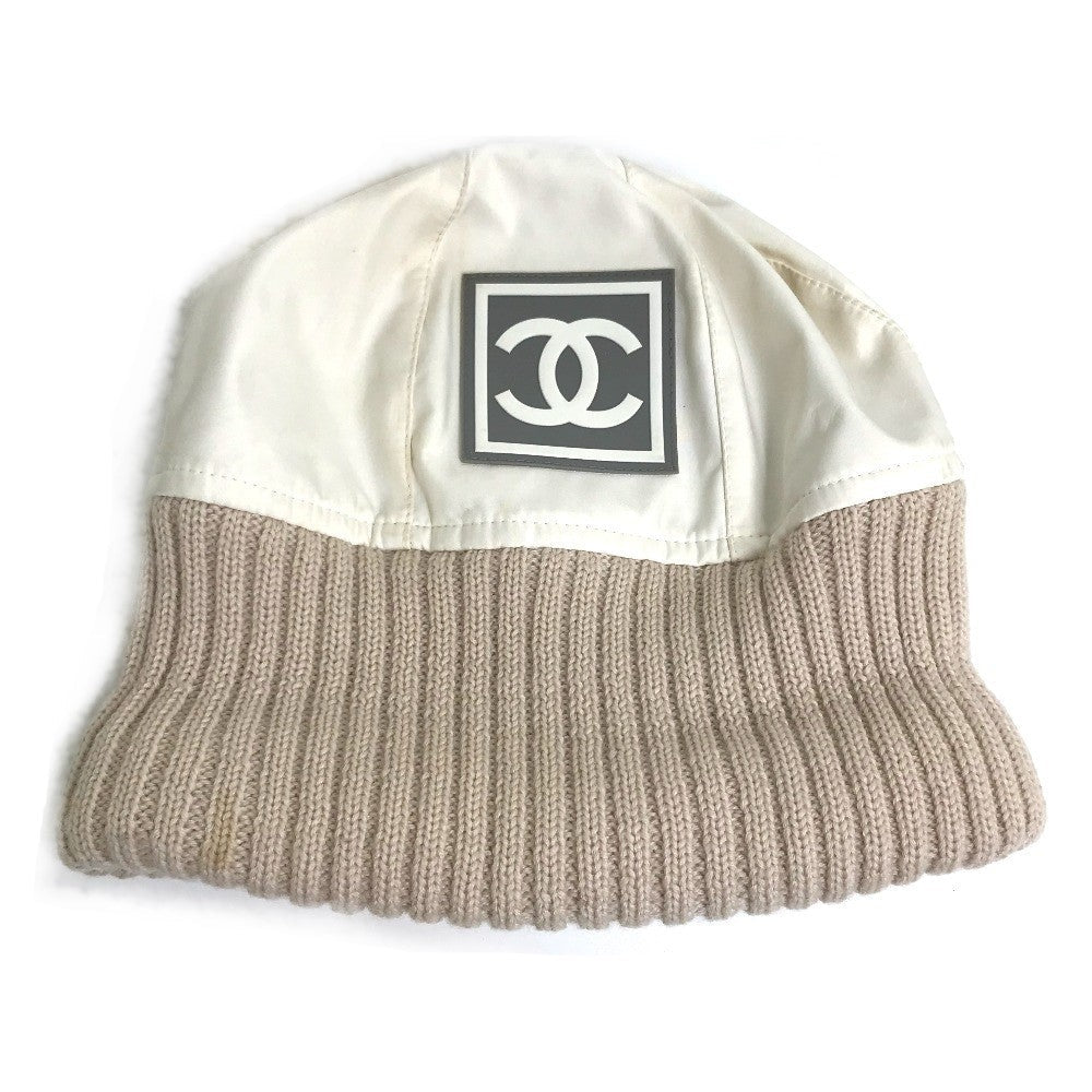 CHANEL Knit hat polyester Ivory / beige CC COCO Mark Sports line logo Women S Used Authentic