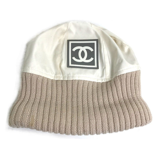CHANEL Knit hat polyester Ivory / beige CC COCO Mark Sports line logo Women S Used Authentic