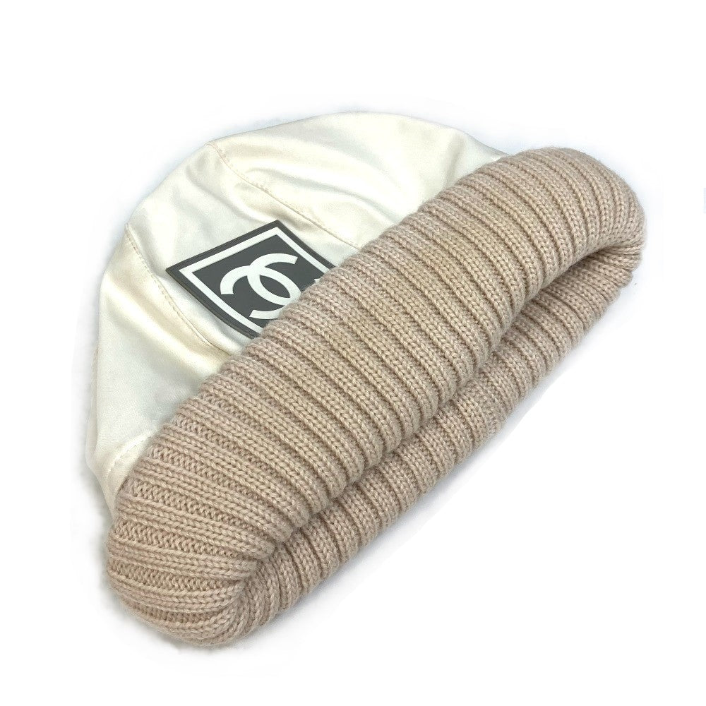 CHANEL Knit hat polyester Ivory / beige CC COCO Mark Sports line logo Women S Used Authentic