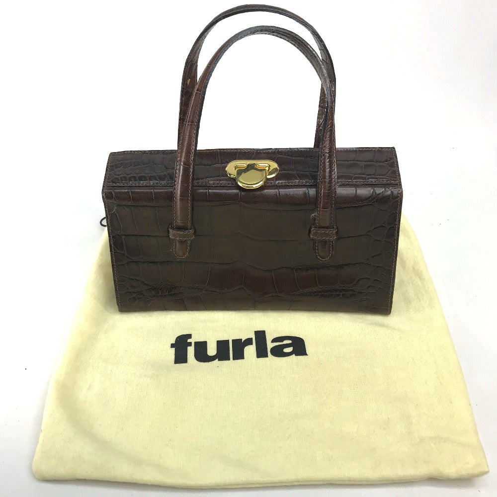 Furla Tote Bag Embossed leather Brown Embossing Women Used Authentic