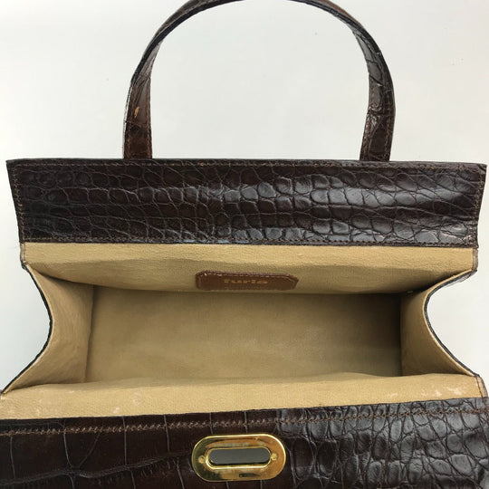 Furla Tote Bag Embossed leather Brown Embossing Women Used Authentic