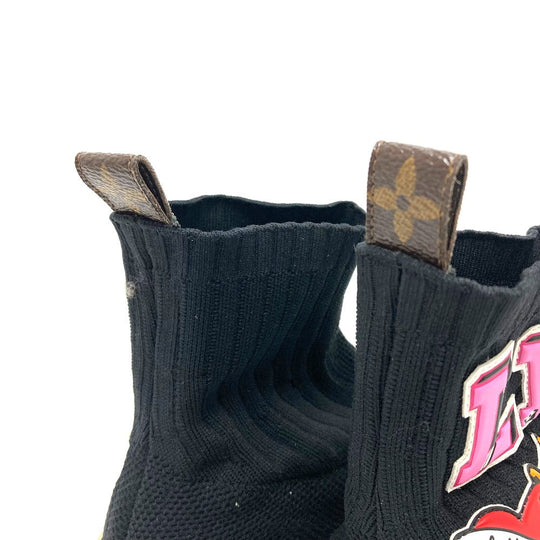 LOUIS VUITTON sneakers Monogram canvas, rubber, stretch textile black Black heart line Logo applique embroidery Women 35 Used Authentic