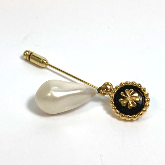 CHANEL Brooch Gold Plated, Faux Pearl Gold x White x Black Clover motif
