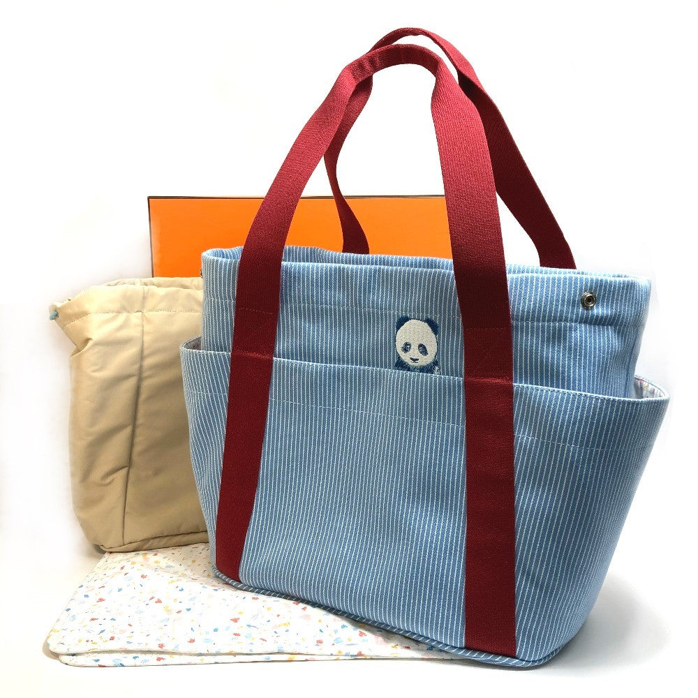 HERMES Tote Bag canvas Blue x red Panda pass pass Mothers bag Women Used Authentic