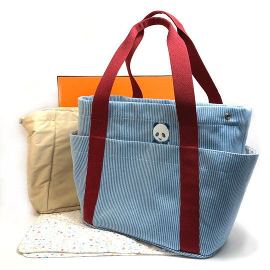 HERMES Tote Bag canvas Blue x red Panda pass pass Mothers bag Women Used Authentic