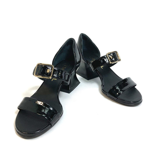 CHANEL Sandals G39050 Patent leather black COCO Mark CC design heel square heel Women 34 Used Authentic