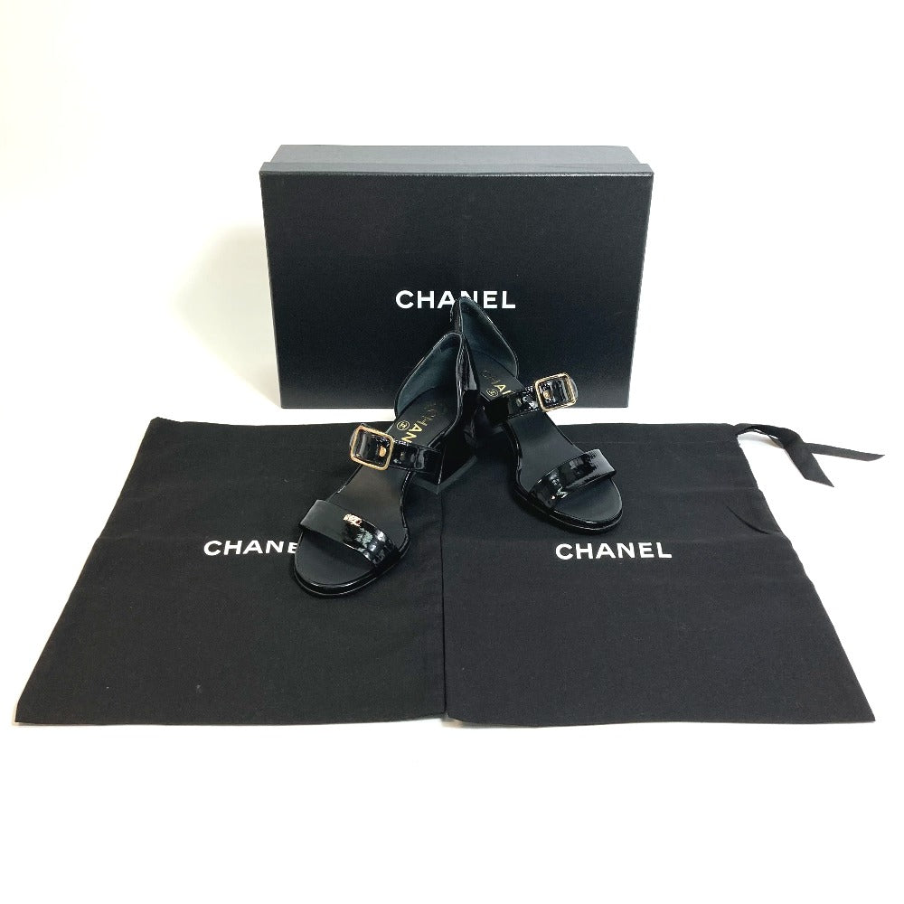 CHANEL Sandals G39050 Patent leather black COCO Mark CC design heel square heel Women 34 Used Authentic