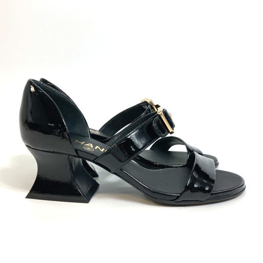 CHANEL Sandals G39050 Patent leather black COCO Mark CC design heel square heel Women 34 Used Authentic