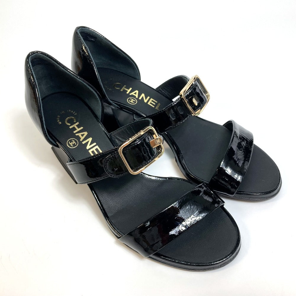 CHANEL Sandals G39050 Patent leather black COCO Mark CC design heel square heel Women 34 Used Authentic