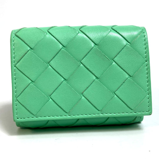 BOTTEGAVENETA Trifold wallet 667036 Calf leather Green type INTRECCIATO Tiny Women Used Authentic