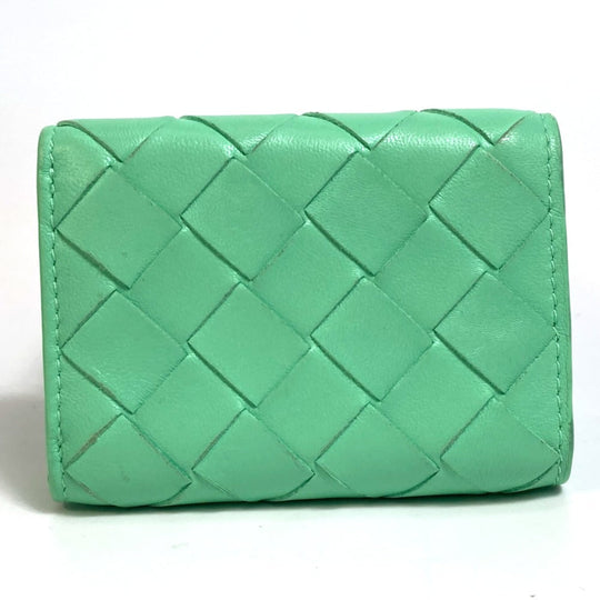 BOTTEGAVENETA Trifold wallet 667036 Calf leather Green type INTRECCIATO Tiny Women Used Authentic