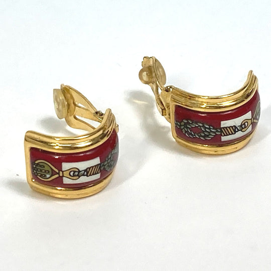 HERMES Earring Gold Plated Red x gold Cloisonne Email/Accessories Women Used Authentic