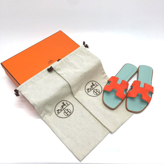 HERMES Sandals Leather / suede Orange H logo Oasis Women 36.5 Used Authentic