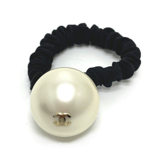 CHANEL Hair rubber Fake pearls, rubber Black x white CC COCO Mark Shush Women Used Authentic