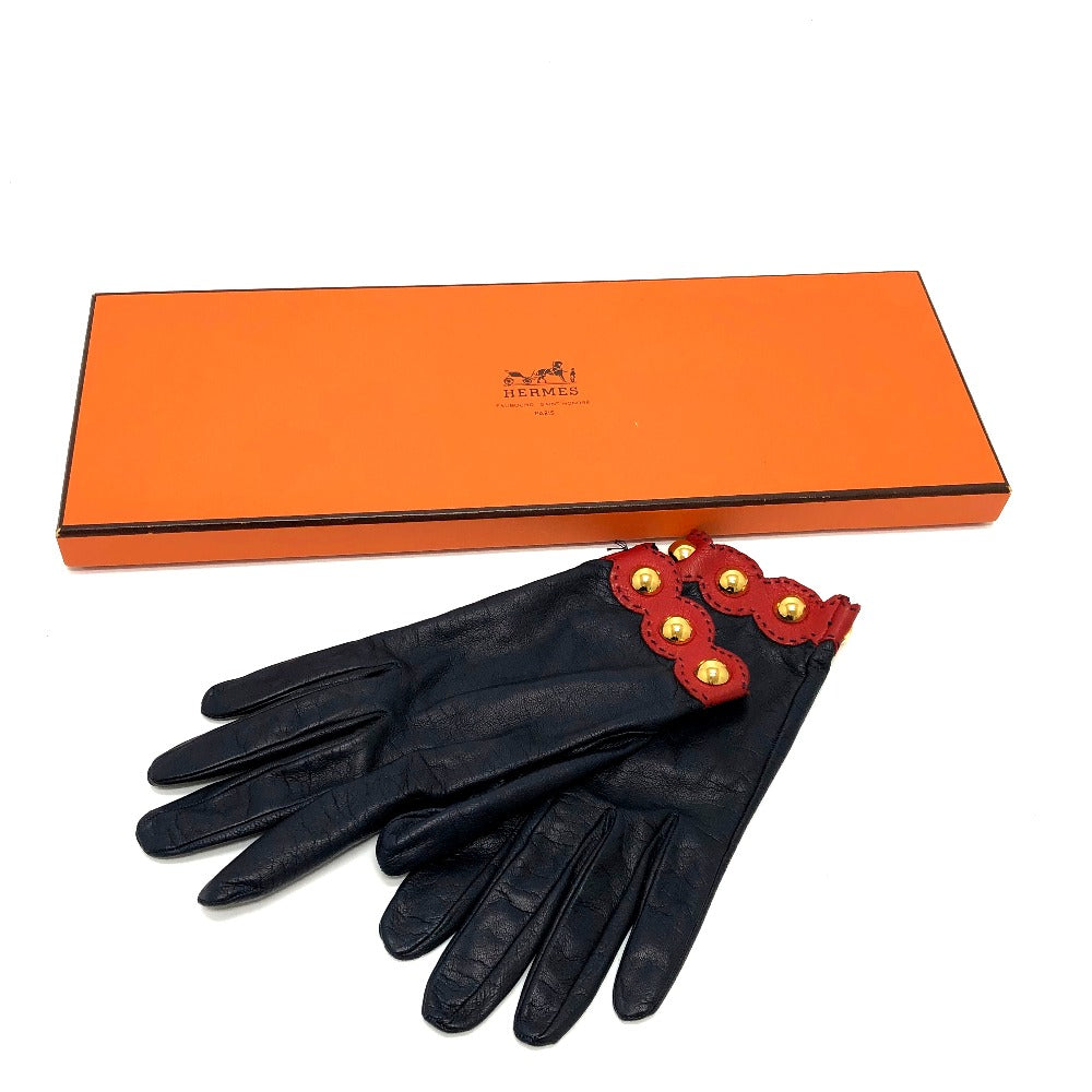 HERMES Glove leather Navy / Red Fashion Accessories apparel Women 6 Used Authentic