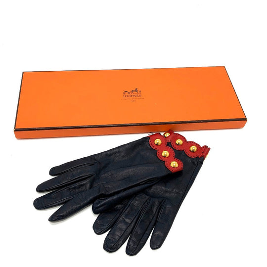 HERMES Glove leather Navy / Red Fashion Accessories apparel Women 6 Used Authentic