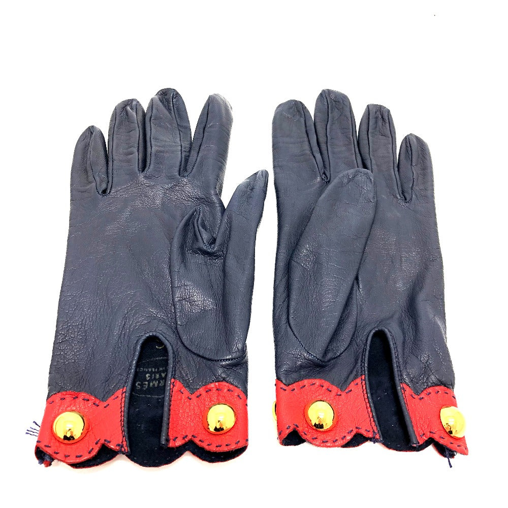 HERMES Glove leather Navy / Red Fashion Accessories apparel Women 6 Used Authentic