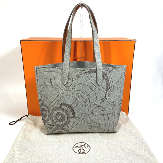 HERMES Tote Bag Felt, Leather gray Shoulder Bag Shoulder Bag Tote Bag Women Used Authentic