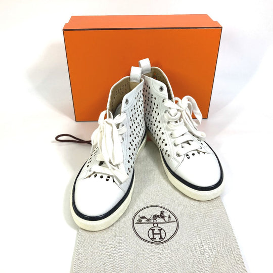 HERMES sneakers leather white punching High cut Women 37 Used Authentic