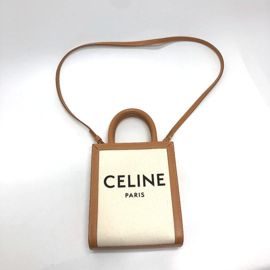 CELINE Shoulder Bag Canvas / leather beige logo Vertical hippo mini Women Used Authentic