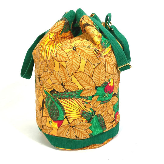 HERMES Shoulder Bag cotton Orange one belt Flower Parrot Bird Pattern Purse Women Used Authentic