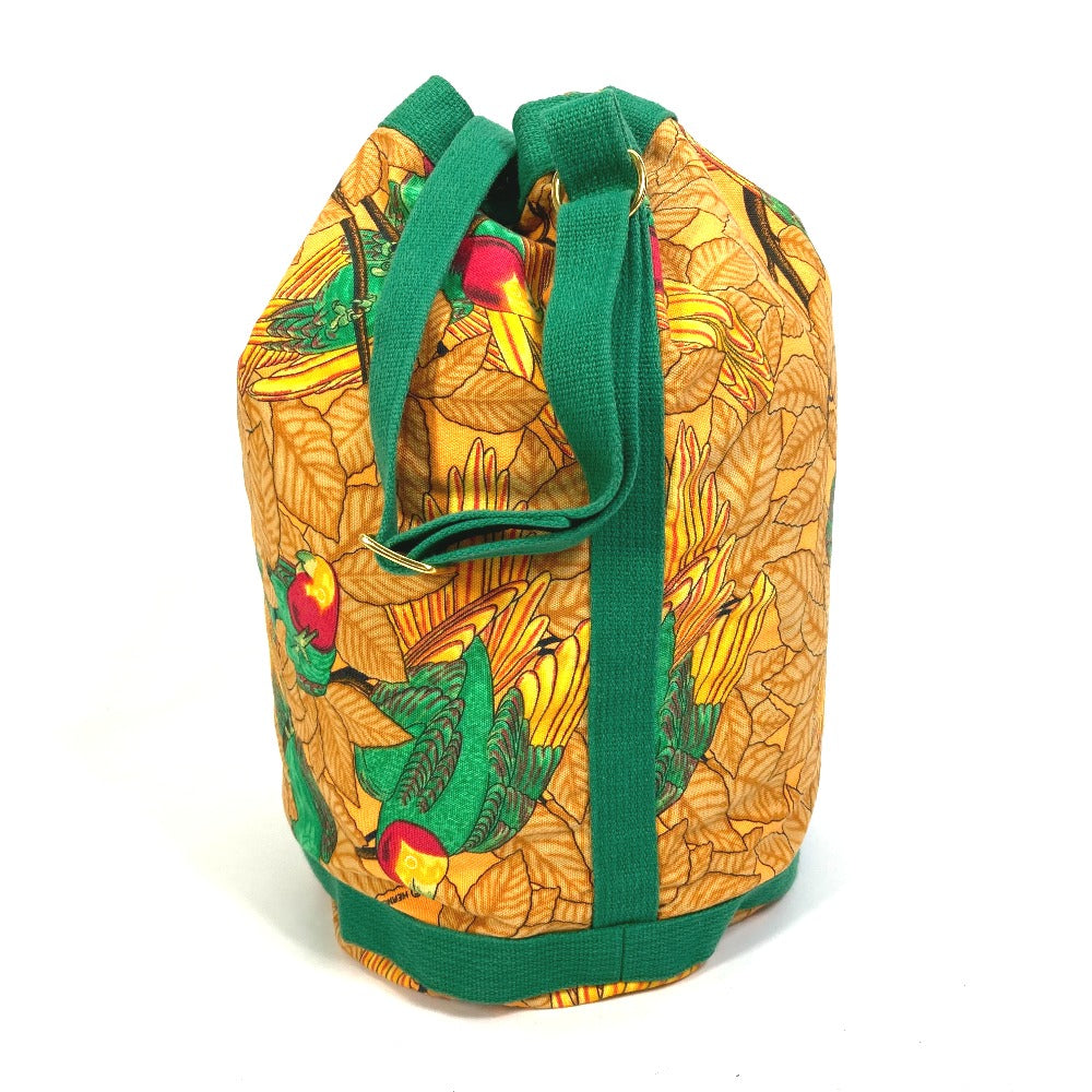HERMES Shoulder Bag cotton Orange one belt Flower Parrot Bird Pattern Purse Women Used Authentic