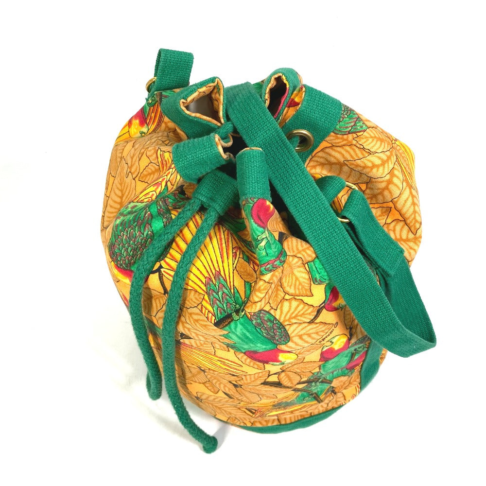 HERMES Shoulder Bag cotton Orange one belt Flower Parrot Bird Pattern Purse Women Used Authentic