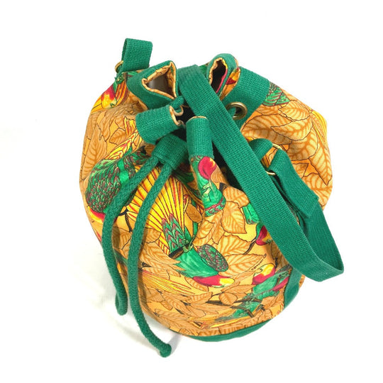HERMES Shoulder Bag cotton Orange one belt Flower Parrot Bird Pattern Purse Women Used Authentic