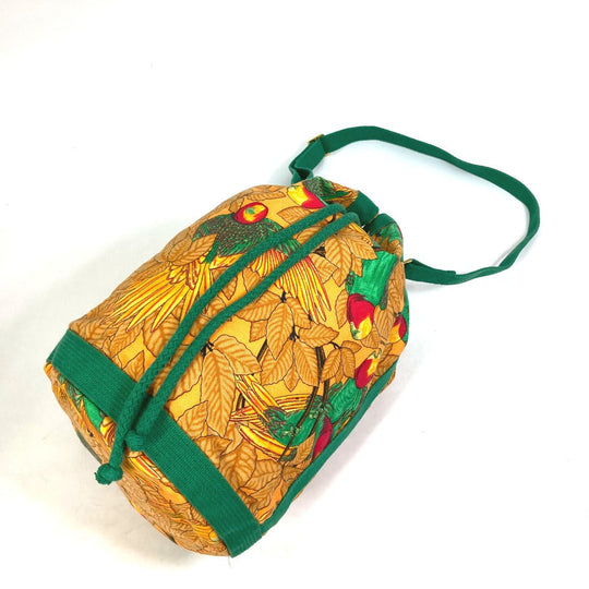 HERMES Shoulder Bag cotton Orange one belt Flower Parrot Bird Pattern Purse Women Used Authentic