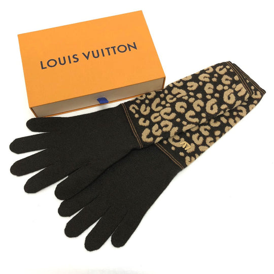 LOUIS VUITTON gloves M58347 cashmere Brown Leopard gommaille Women Used Authentic