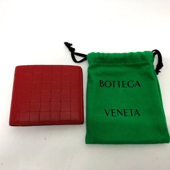 BOTTEGAVENETA Folded wallet leather Red INTRECCIATO Women Used Authentic