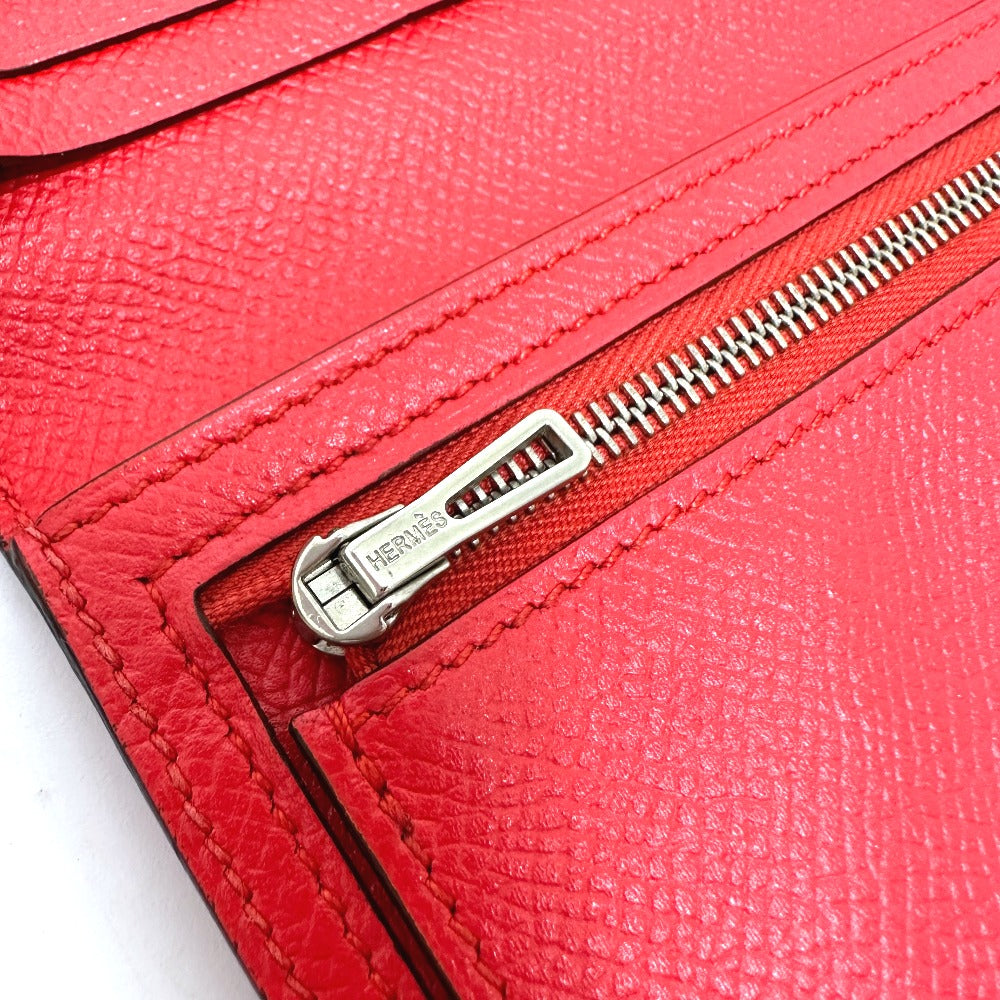 HERMES Long Wallet Purse Epsom Red HMetal Beansufla Women Used Authentic