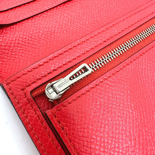 HERMES Long Wallet Purse Epsom Red HMetal Beansufla Women Used Authentic