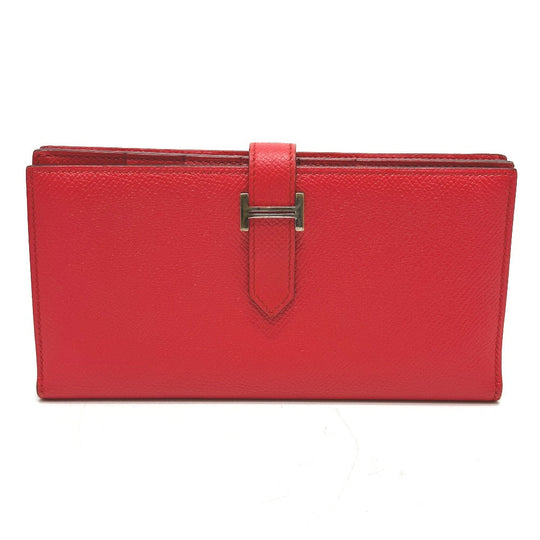 HERMES Long Wallet Purse Epsom Red HMetal Beansufla Women Used Authentic