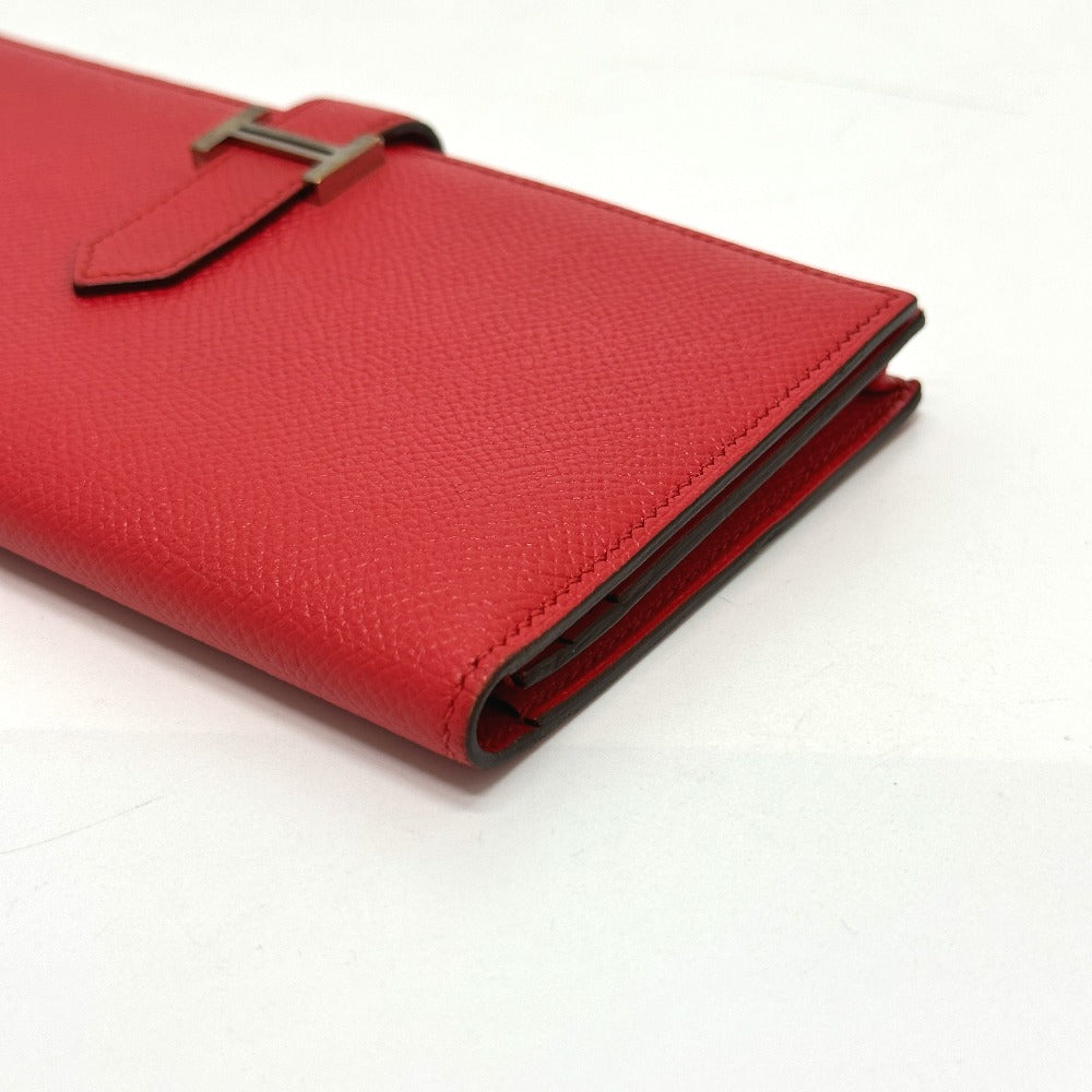 HERMES Long Wallet Purse Epsom Red HMetal Beansufla Women Used Authentic