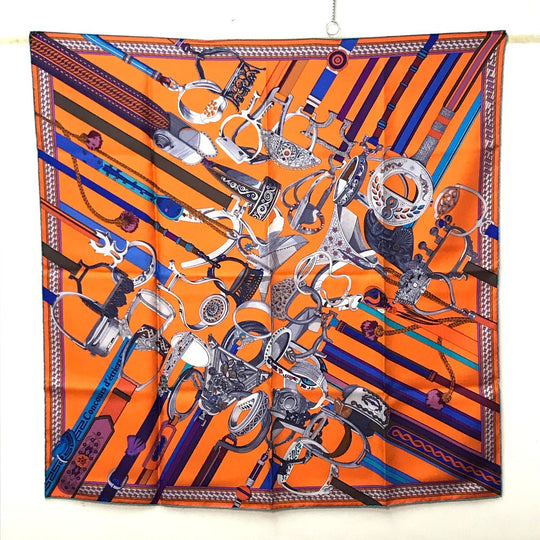 HERMES scarf silk orange x purple x blue Concours detriers Carre 90 Women Used Authentic