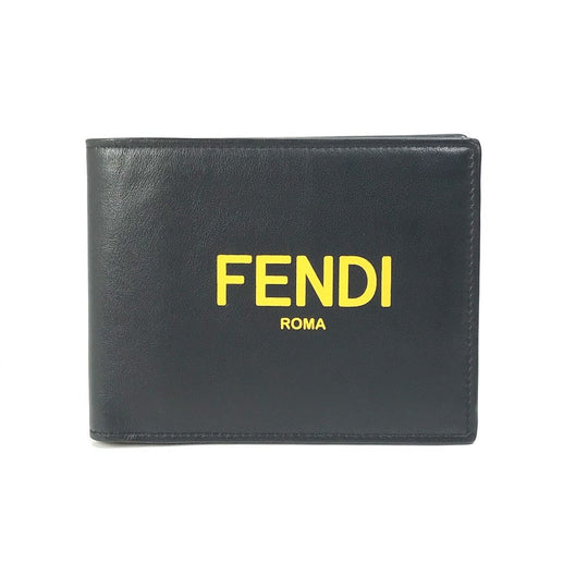 FENDI Folded wallet 7M0001 leather Black x yellow logo mens Used Authentic