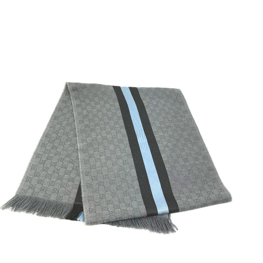 GUCCI Scarf 542984 Wool, Silk Gray x blue x black GG mens Used Authentic